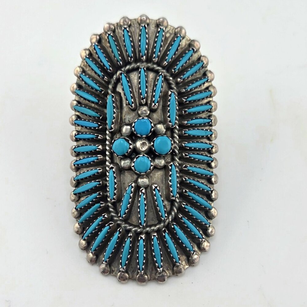 Vintage Navajo Needlepoint Turquoise Sterling Silver Ring Signed B. Yazzie Size